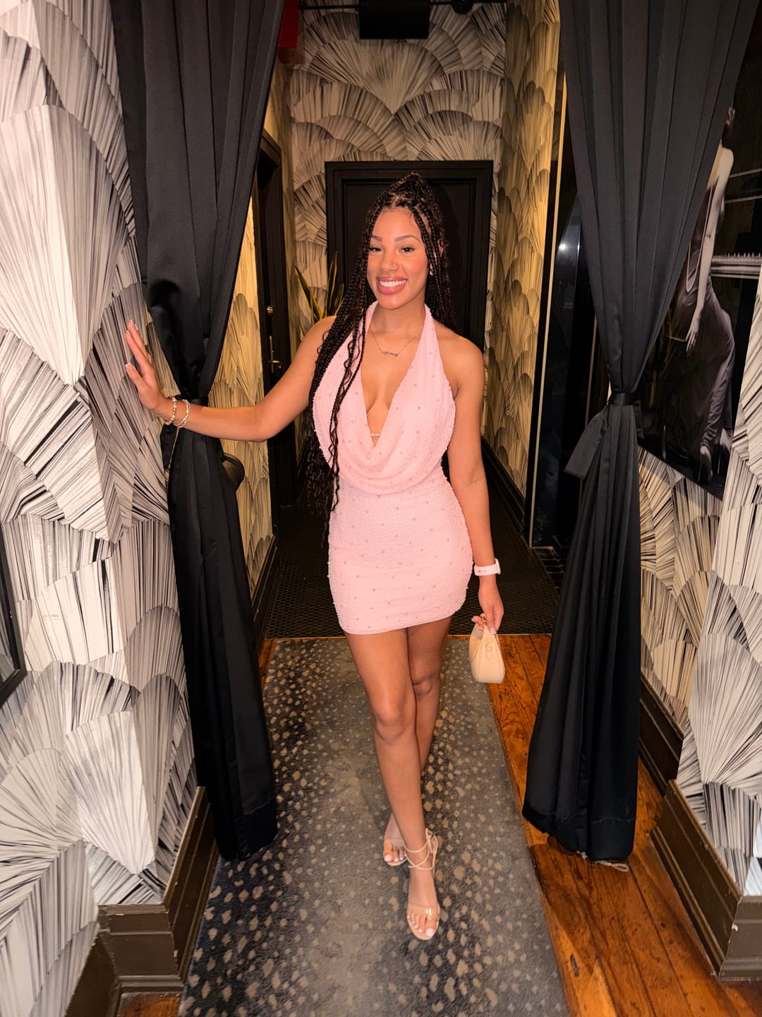 Customer photo review of Adelaide Mesh Pearl Mini Dress