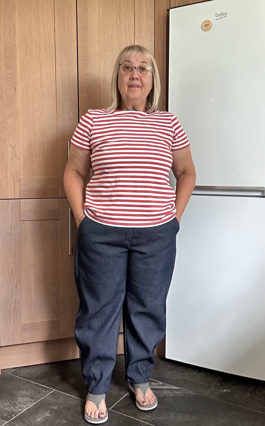 Customer photo review of Navy Striped Stretch Denim Fabric