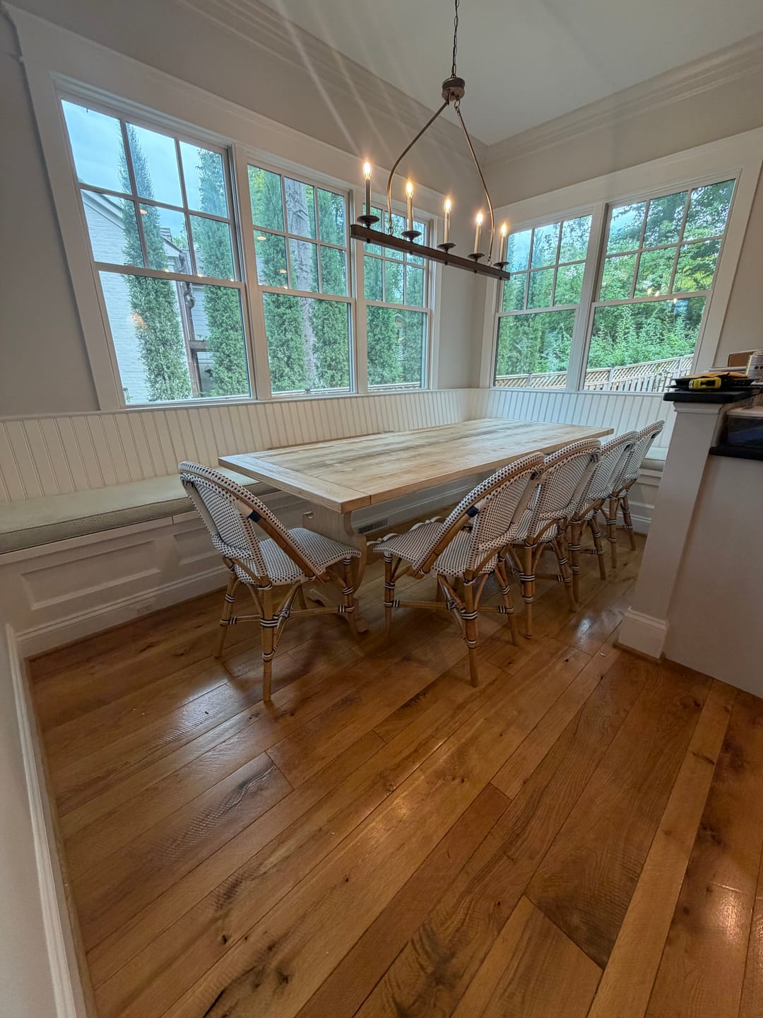 Customer photo review of 5-Light French Distressed Gold Candle Linear Island Chandelier