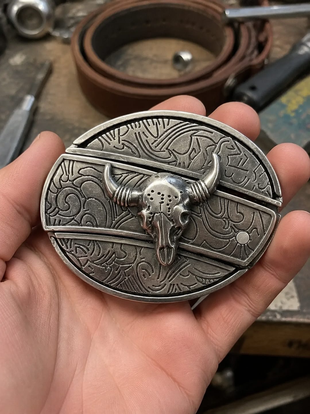 Customer photo review of Oval Bull Skull Belt Buckle with Hidden Knife