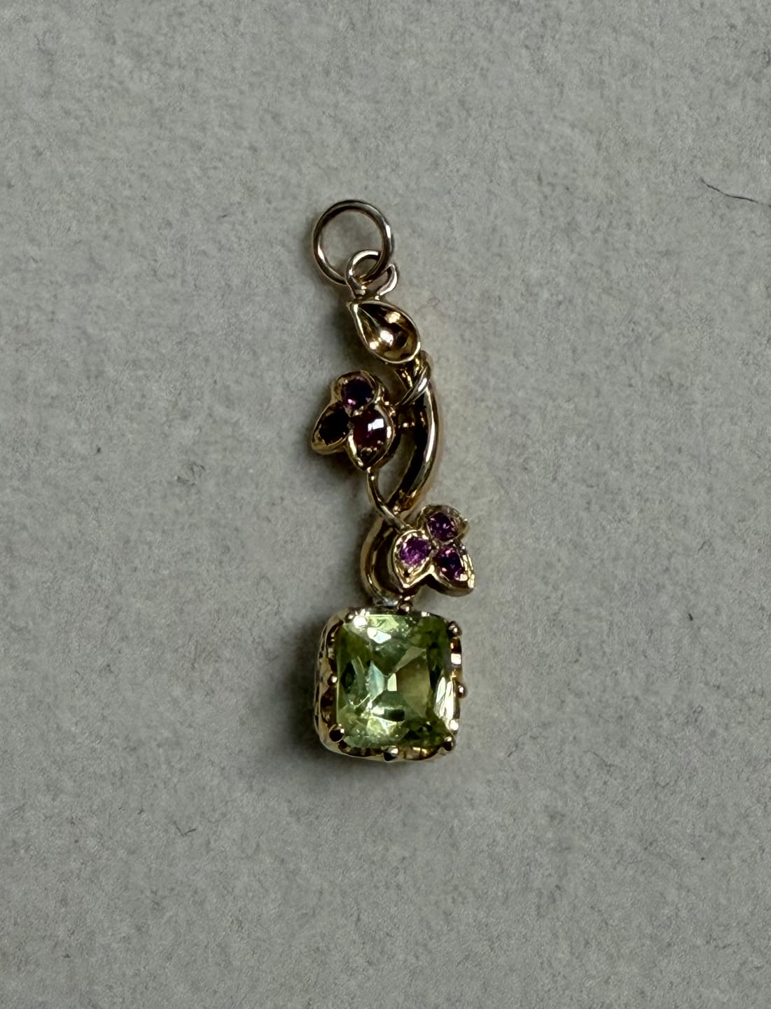 Customer photo review of Antique 14k Yellow Gold 1.18ct Lime Chrysoberyl Ruby Flower Charm / Pendant