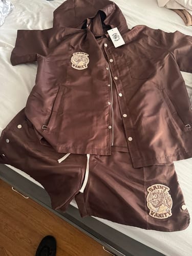 Customer photo review of Saint Vanity Nylon Short Sleeve Zip Up Hoodie Brown