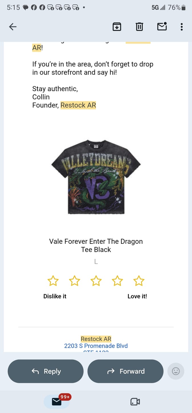 Customer photo review of Vale Forever Enter The Dragon Tee Black