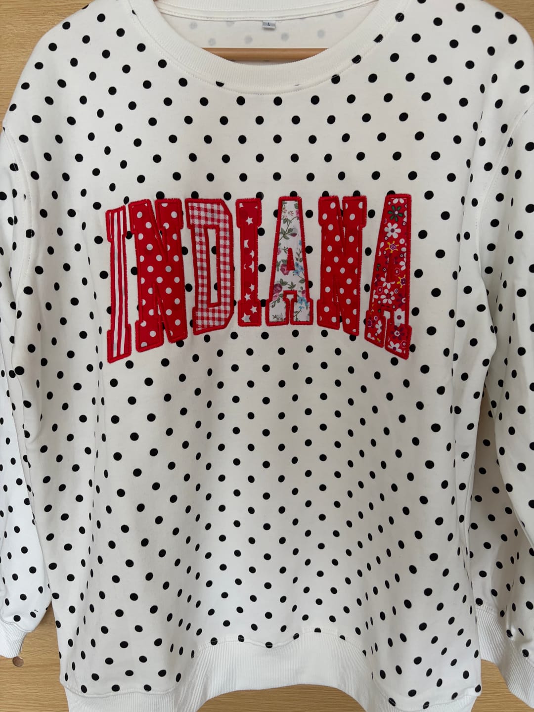 Customer photo review of Custom Patchwork Fabric Embroidered Polka Dot Sweatshirt Team and School Name Applique Varsity Letters | Game Day Wear