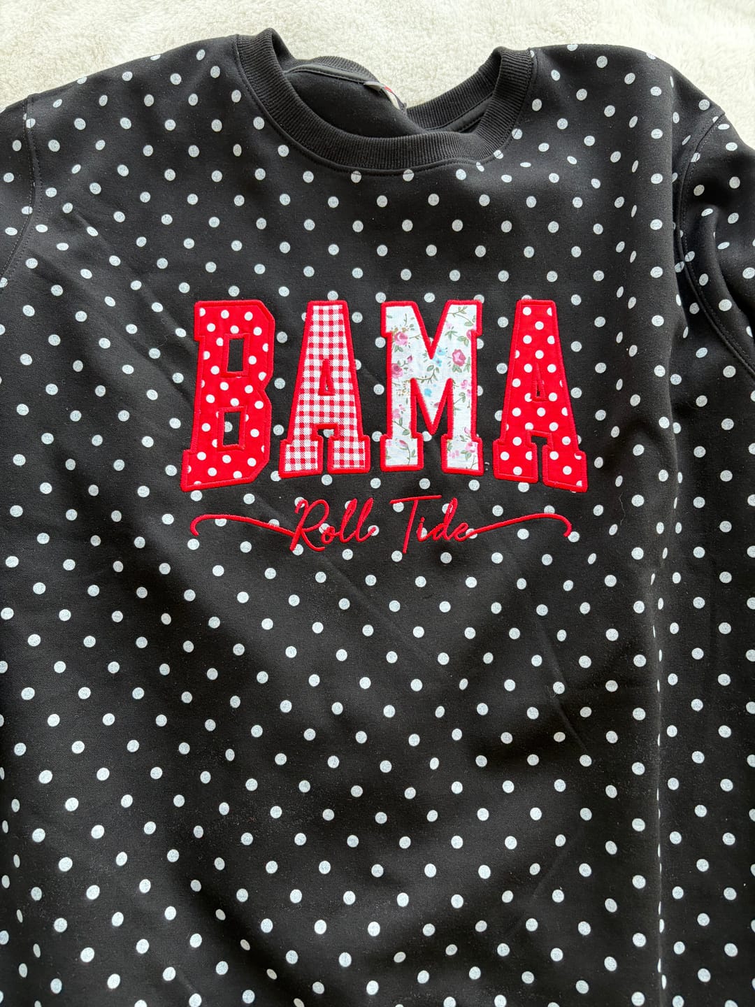 Customer photo review of Custom Patchwork Fabric Embroidered Polka Dot Sweatshirt Team and School Name Applique Varsity Letters | Game Day Wear