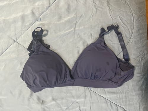 Customer's gray Holiday Triangle Bra with nursing clips laid flat on a textured surface.