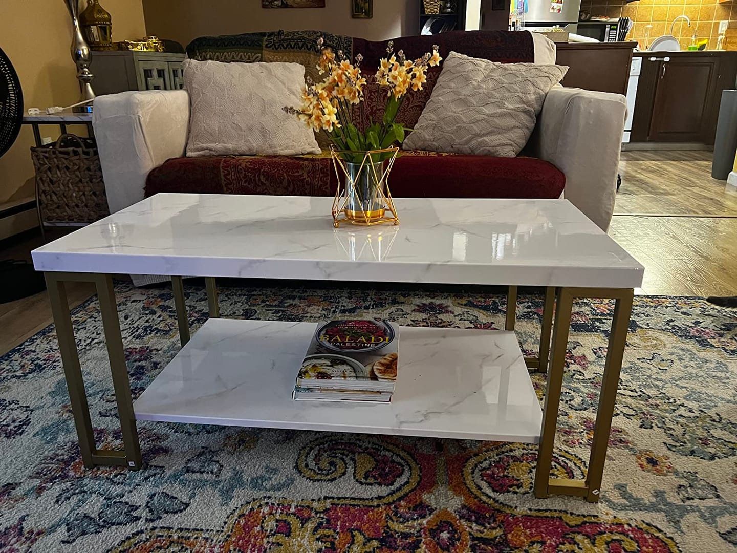 Customer photo review of 2-Tier Coffee Table with Storage, 39.5" Center Table, Gold & White