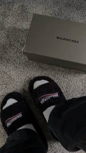 Customer photo review of Balenciaga black furry slides