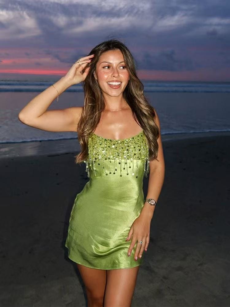 Customer photo review of DALIA - Sequin Fringe Mini Dress - Green