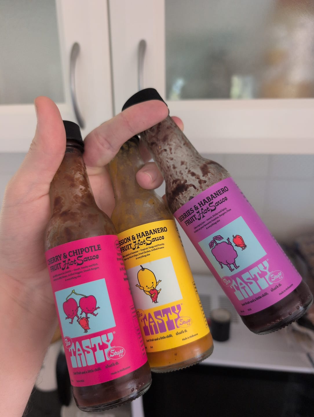 Customer photo review of The Tasty Trio 3-Pack Fruit Hot Sauce