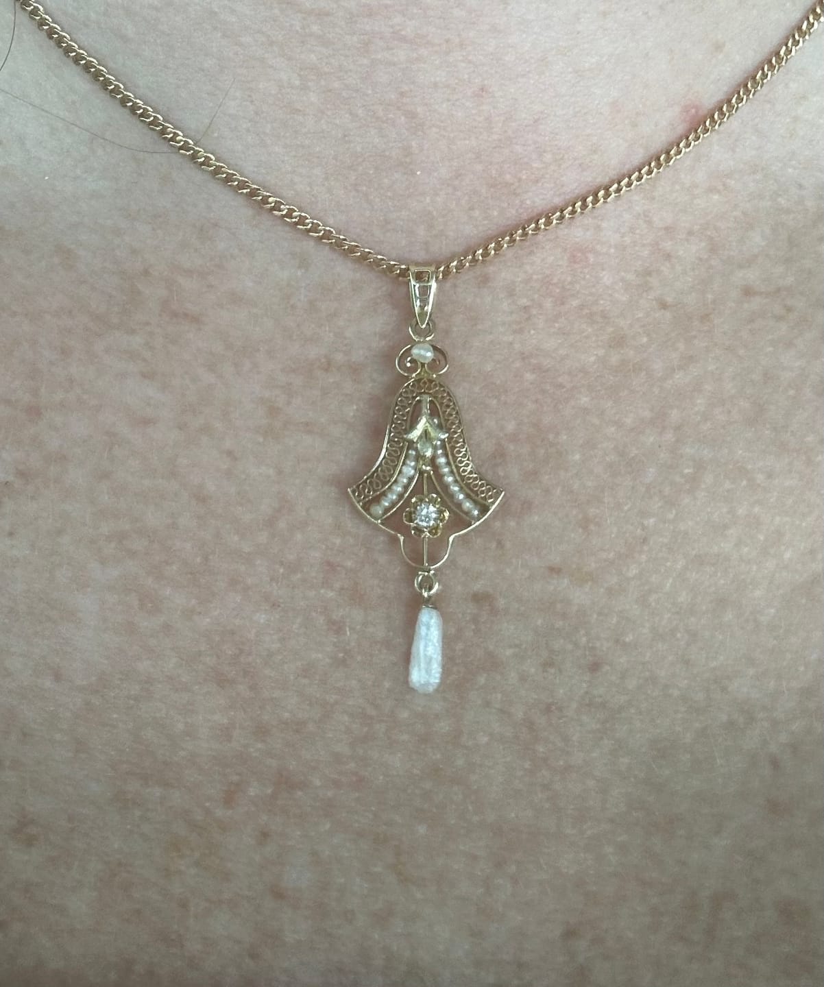 Customer photo review of Antique 10k Yellow Gold Old Mine Cut Diamond Baroque Pearl Seed Pearl Pendant