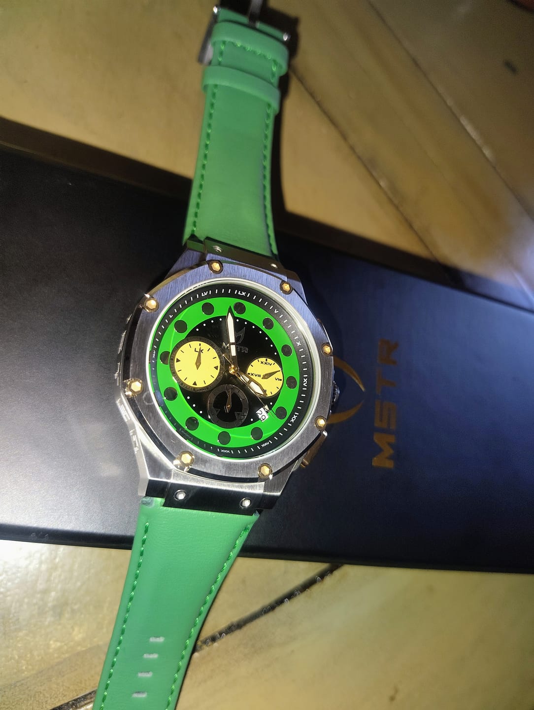 Customer photo review of AM1055LB - AMBASSADOR SILVER / DOOM GREEN LEATHER BAND WATCH