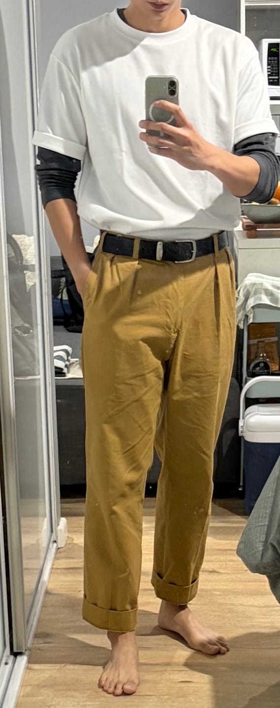 Customer photo review of 1930s IVY Style Double Pleated Chino Trousers - Yellow