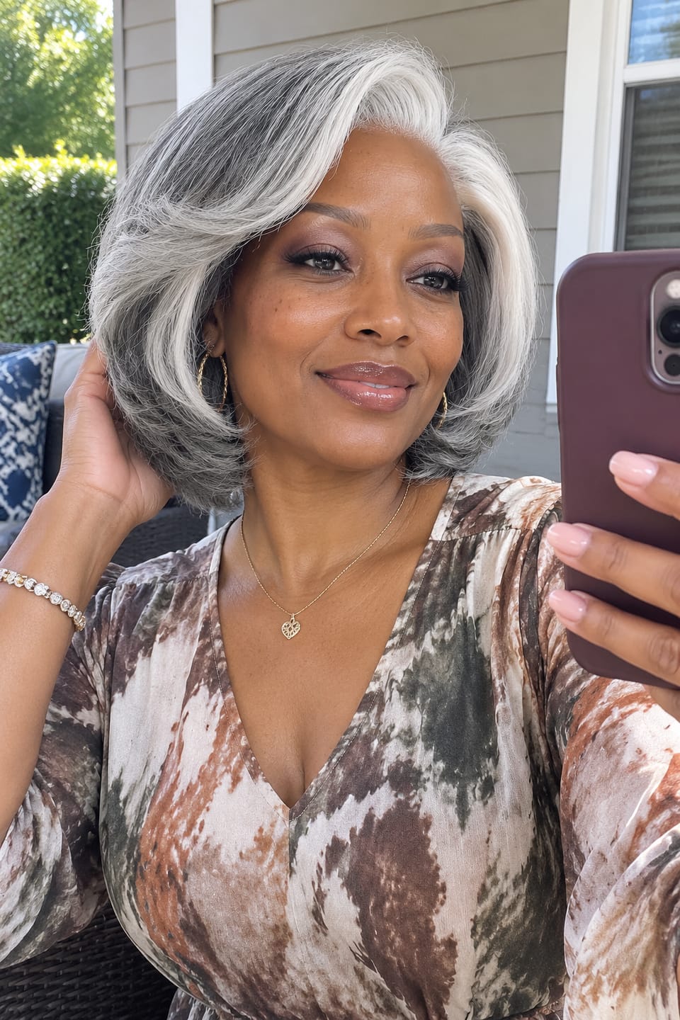 Customer photo review of Luvwin 5x5 Lace Salt And Pepper Layered Swoop Bob Glueless Gray Wig