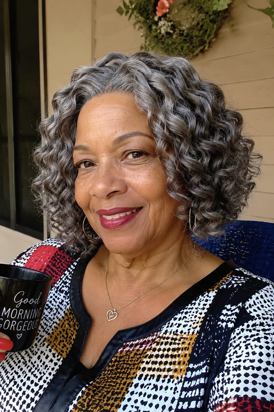 Customer photo review of Luvwin Salt And Pepper Wand Curl Kinky Hair 5x5 Pre-cut Lace Bob Wig