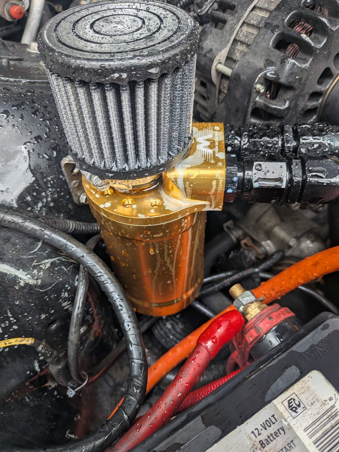 Customer photo review of Motion Billet Top Loader Oil Catch Can Gold Anodized ( Dual 10 AN Port )