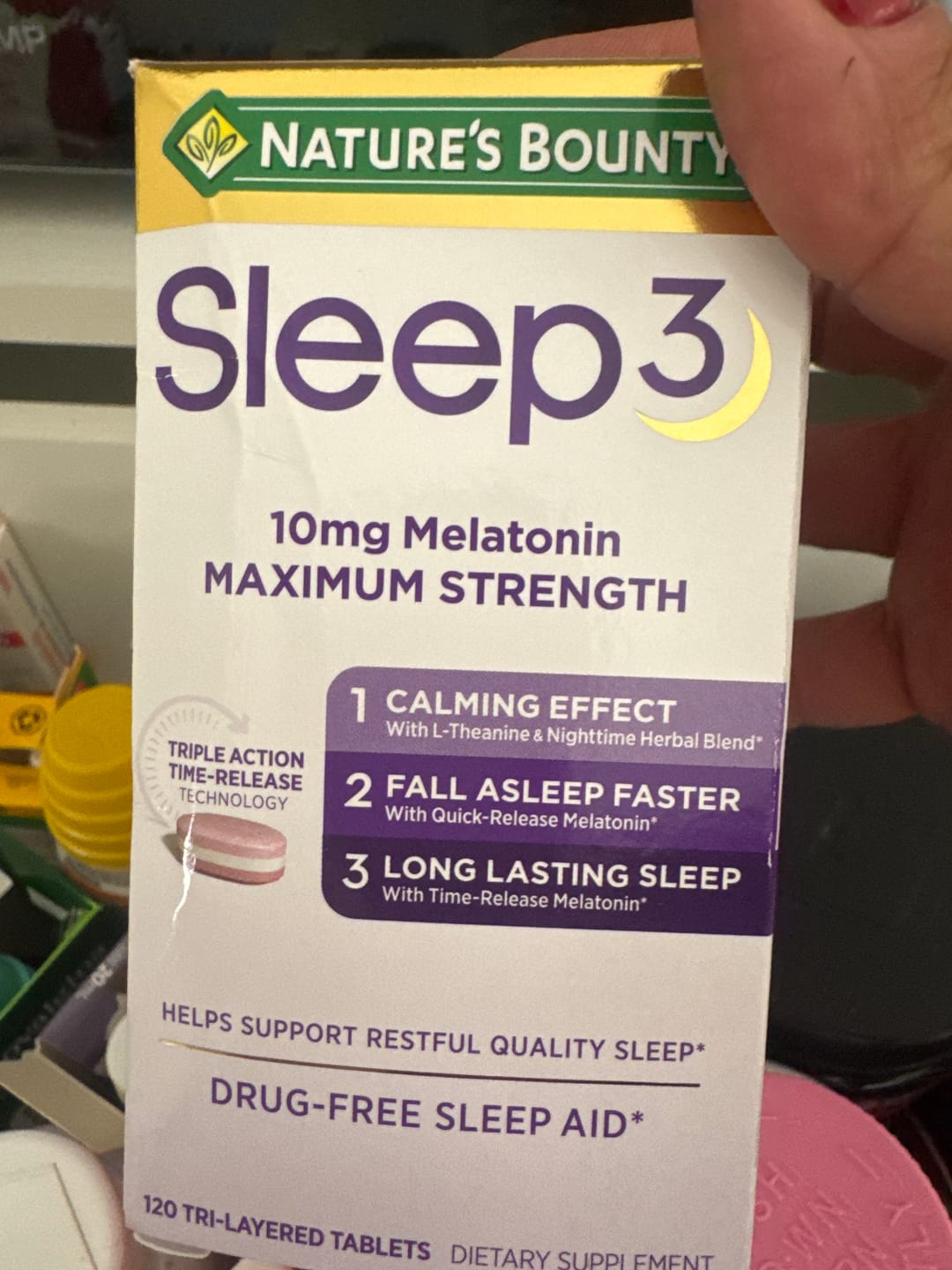 Customer photo review of Nature's Bounty Sleep3 Melatonina 10mg - Tecnologia Tripla Ação 120 Comprimidos