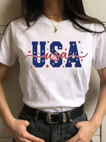 Customer photo review of USA Patriotic Stars Graphic T-Shirt – Unisex American Flag Style Tee