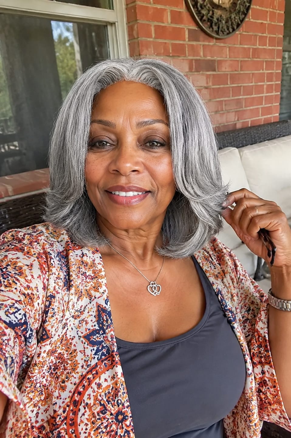 Customer photo review of Luvwin 5x5 Salt And Pepper Glueless Gray Color Pre-Cut Lace Layered Cut Straight Bob Wig 100% Human Hair