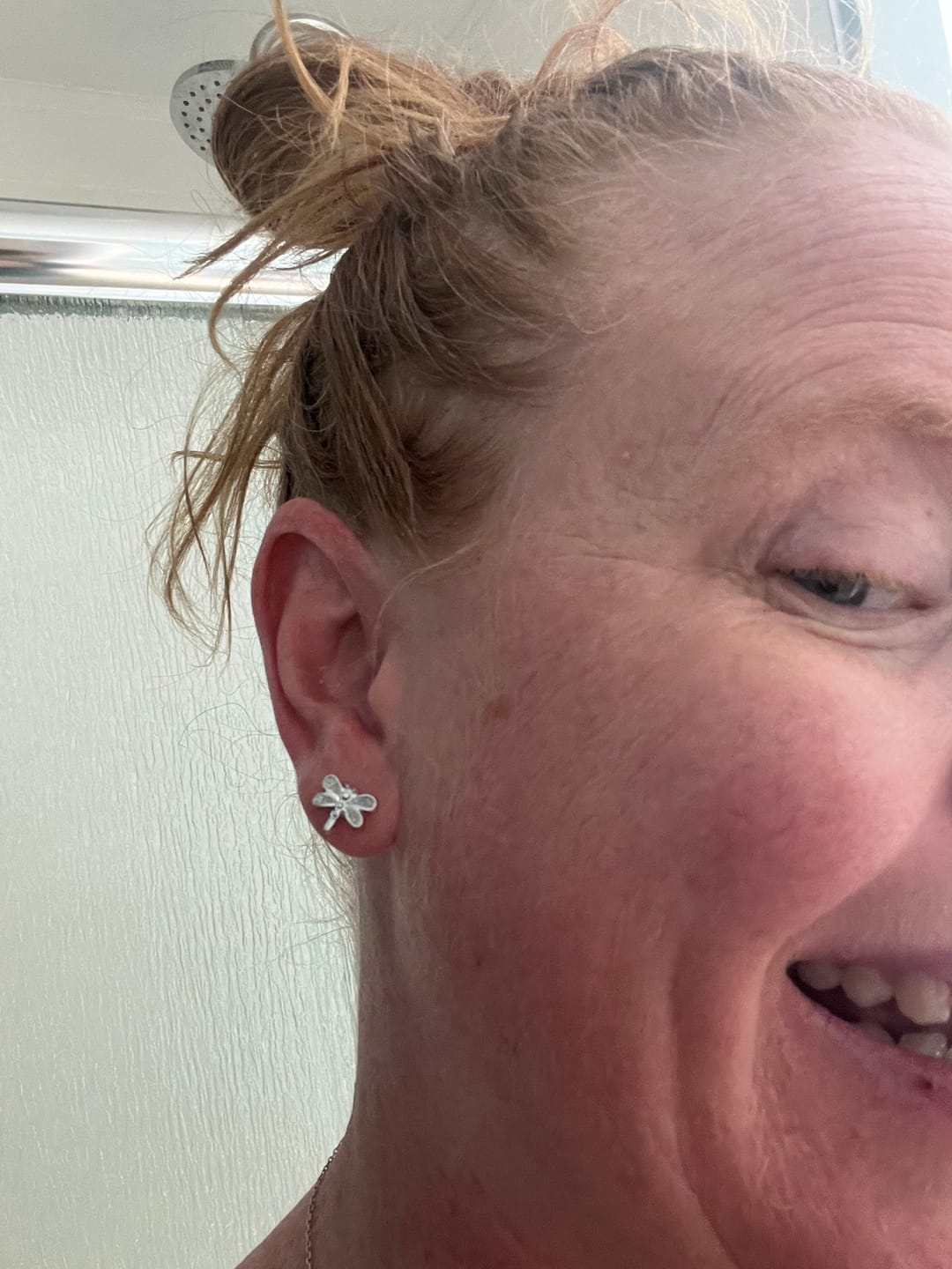 Customer photo review of Shimmery Dragonfly Studs Hypoallergenic Earrings for Sensitive Ears with Plastic Posts