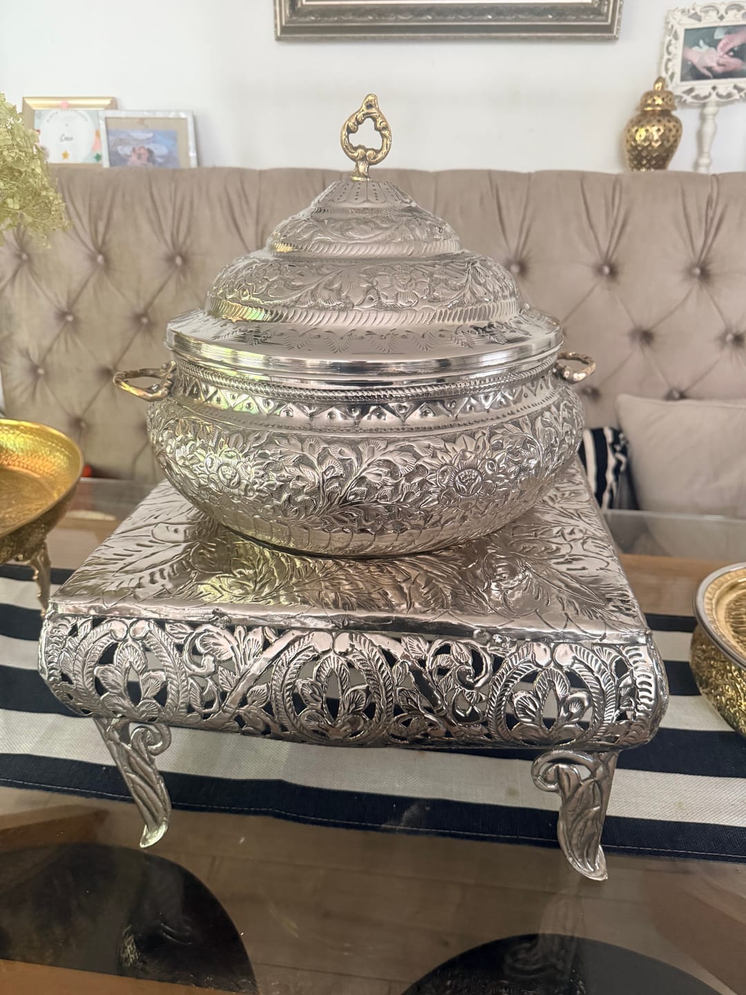Customer photo review of G.N 5-Liter, 4-Person Hand-Crafted Round Silver Brass Food Warmer With Stand AND Stainless Steel Pot