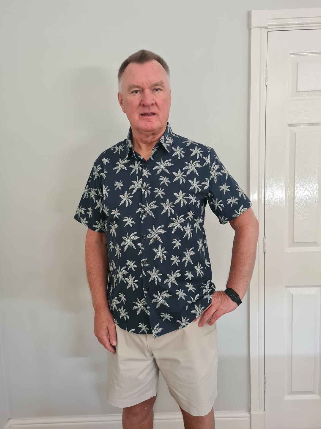Customer photo review of Men's Palm Tree Print Cotton Navy Blue Button Up Short Sleeve Hawaiian Shirt