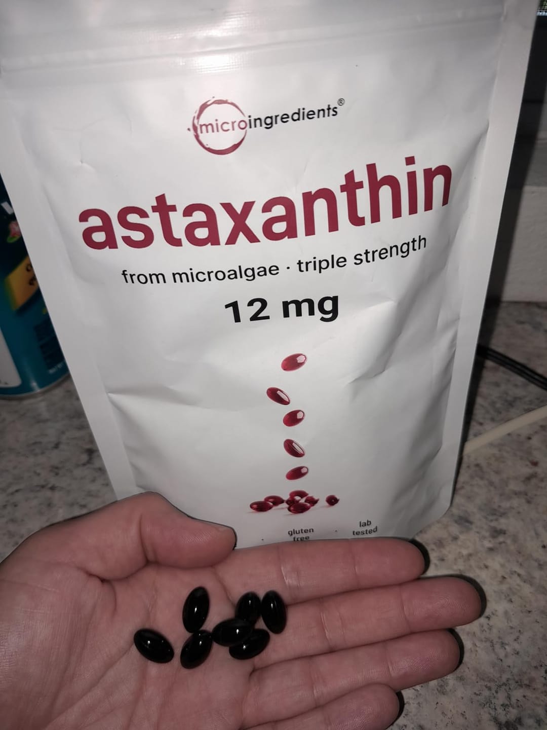 Customer photo review of Natural Astaxanthin 12mg with Coconut Oil for Skin & Eye Health - 120 Softgels