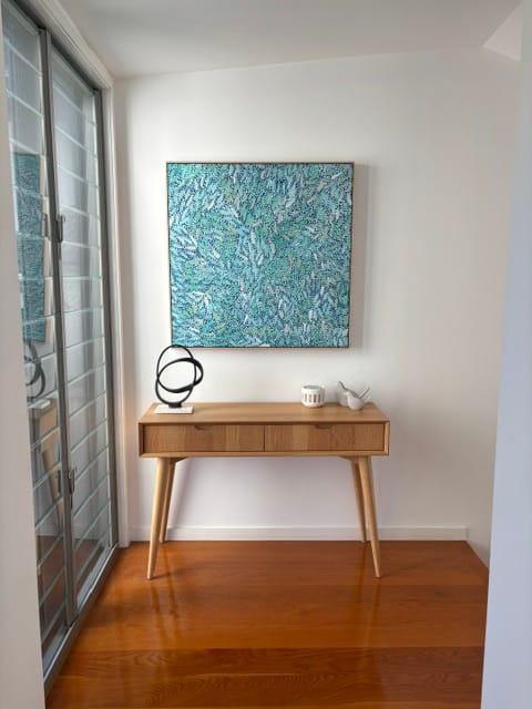 Customer photo review of Water Dreaming in Teal II by Chantelle Nampijinpa Robertson | Framed Canvas Wall Art