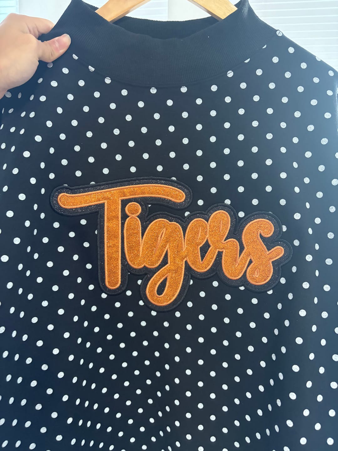 Customer photo review of Custom Glitter Team Name Polka Dot Mockneck | Game Day Wear