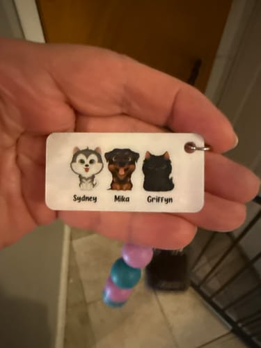 Customer's My Pets Home Alone acrylic keychain held in hand, featuring illustrations of three pets named Sydney, Mika, and Griffyn