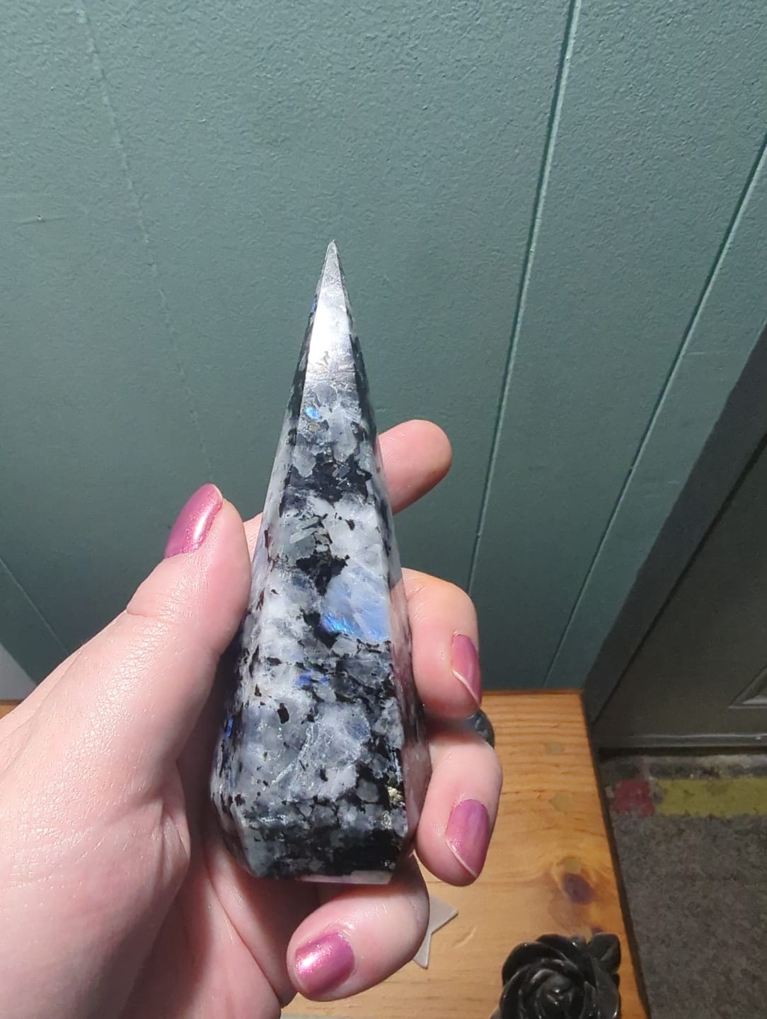 Customer photo review of Unique,Natural Crystal Rainbow Moonstone Diamond Tower