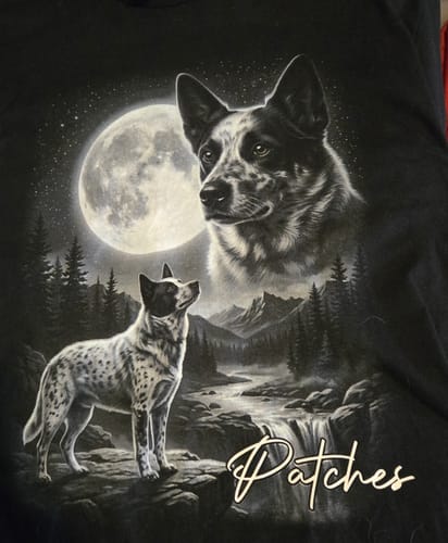 Customer's personalized Dog Howling to the Moon shirt featuring a pet named Patches in a moonlit forest scene.