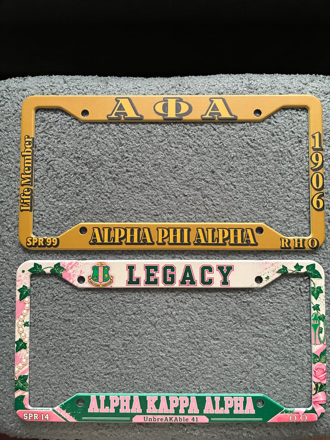 Customer photo review of Personalized Alpha Kappa Alpha License Plate Frame Pink Collegiate Legacy Style