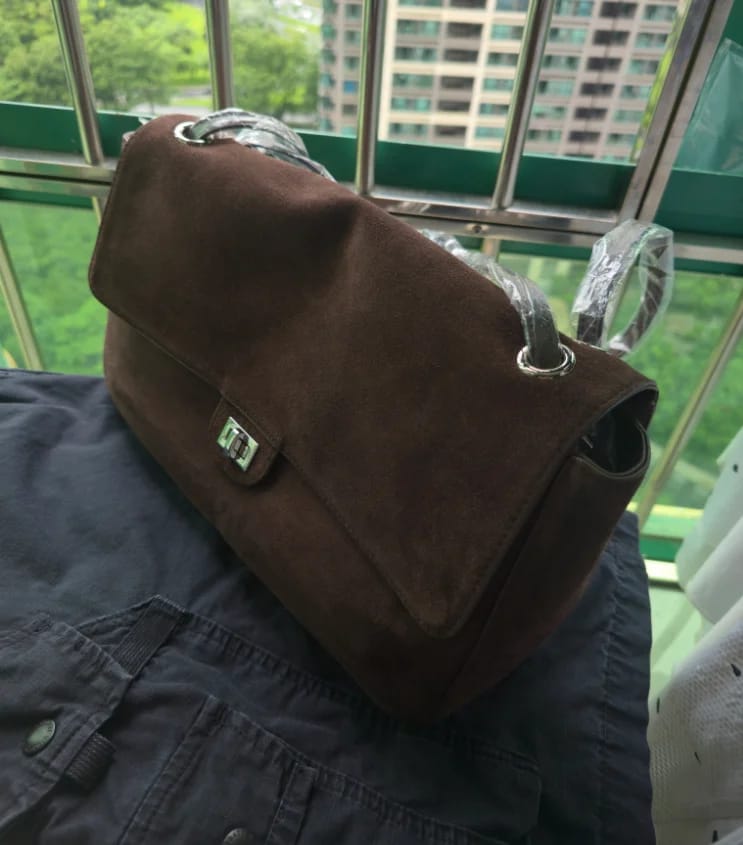 Customer photo review of Ruth Matte Suede Crossbody Tote