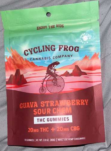 Customer's Guava Strawberry Rosin Gummies bag by Cycling Frog, featuring a frog on a bicycle illustration.