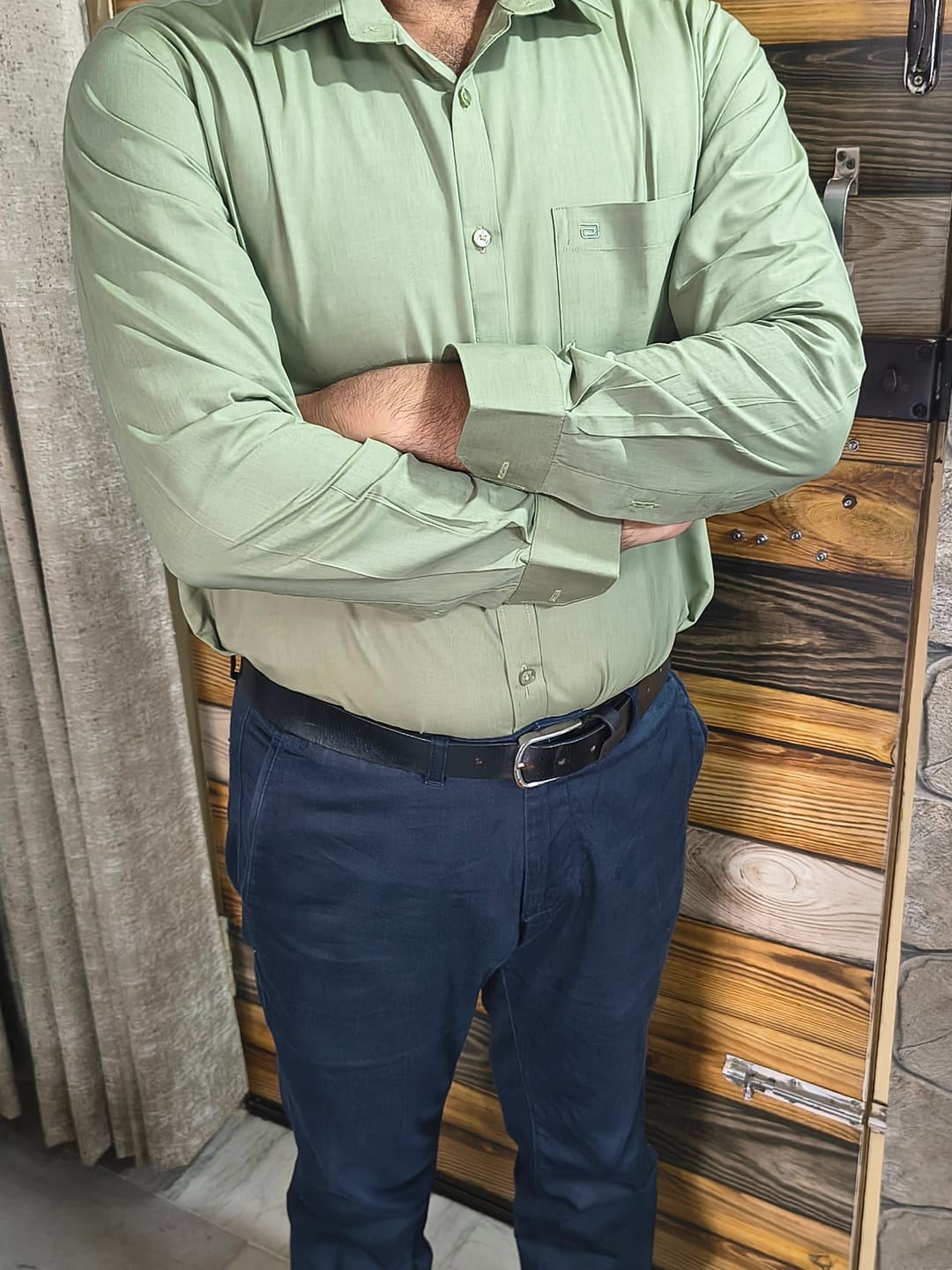 Customer photo review of Azure - Olive Mist Green Formal Shirts for Men | Ariser