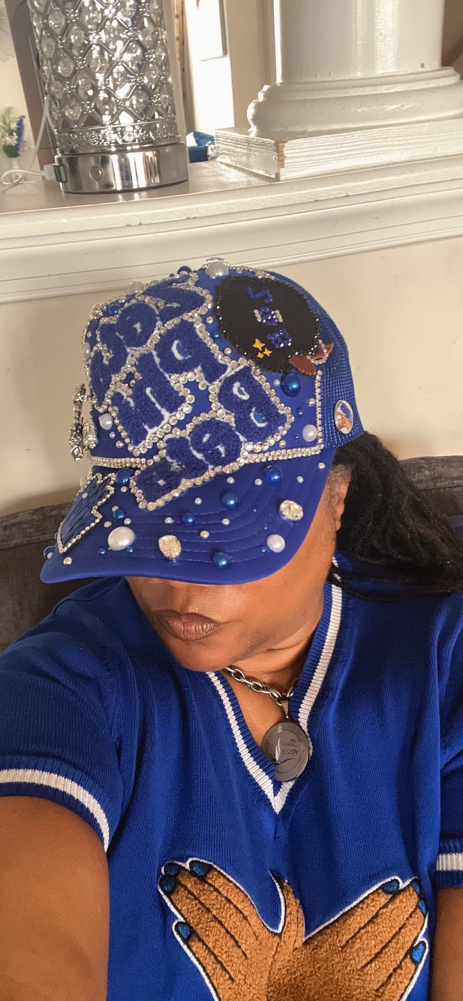 Customer photo review of Design Your Custom Zeta Inspired Sorority Trucker Junk Hat | Rhinestones, Patches & Pearls | Greek Life Fashion Cap