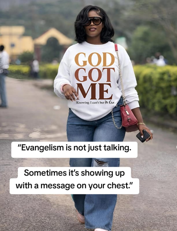 Customer photo review of Women's GOD GOT ME Knowing I can’t but He Can Round Neck Sweatshirt