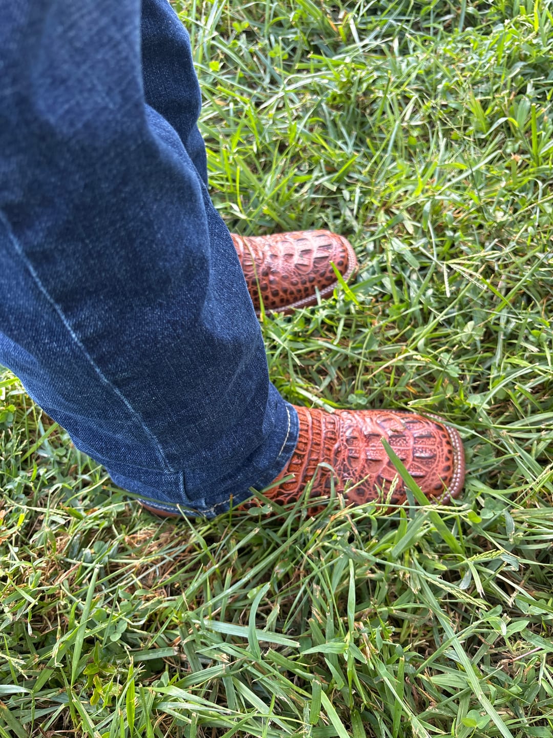 Customer photo review of Cognac Caiman Neck Leather Boots - Square Toe