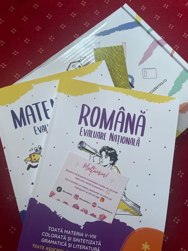 Reviewer's Bacademia Evaluare Națională study books in Romanian and Mathematics with a thank you note.