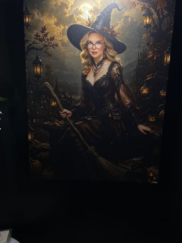 Customer's The Autumn Witch portrait, showing a personalized woman dressed as a dark witch in a spooky, moonlit setting.
