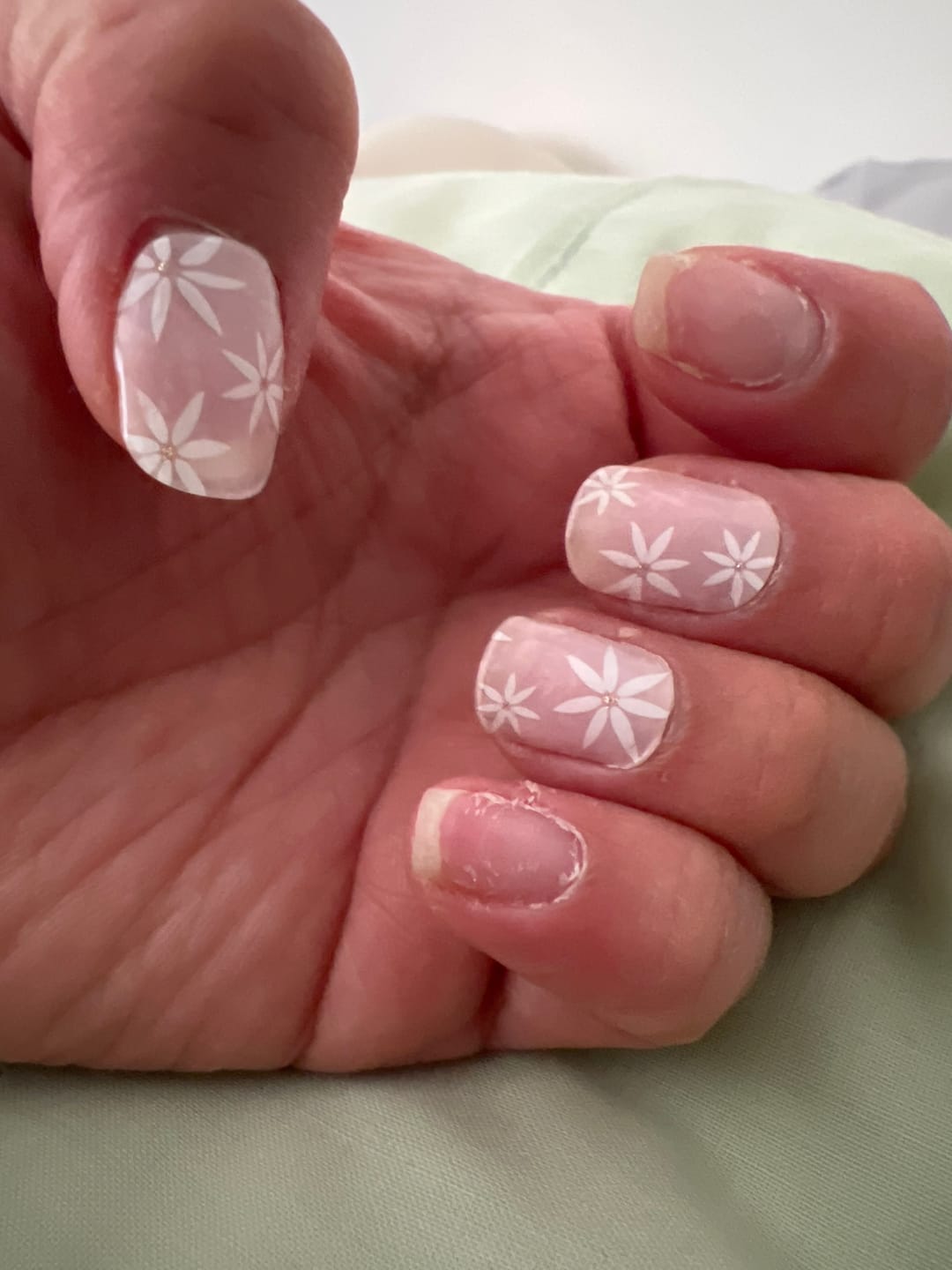 Customer photo review of Pretty Pink Daisies DIY Semicured Gel Nail Sticker Kit
