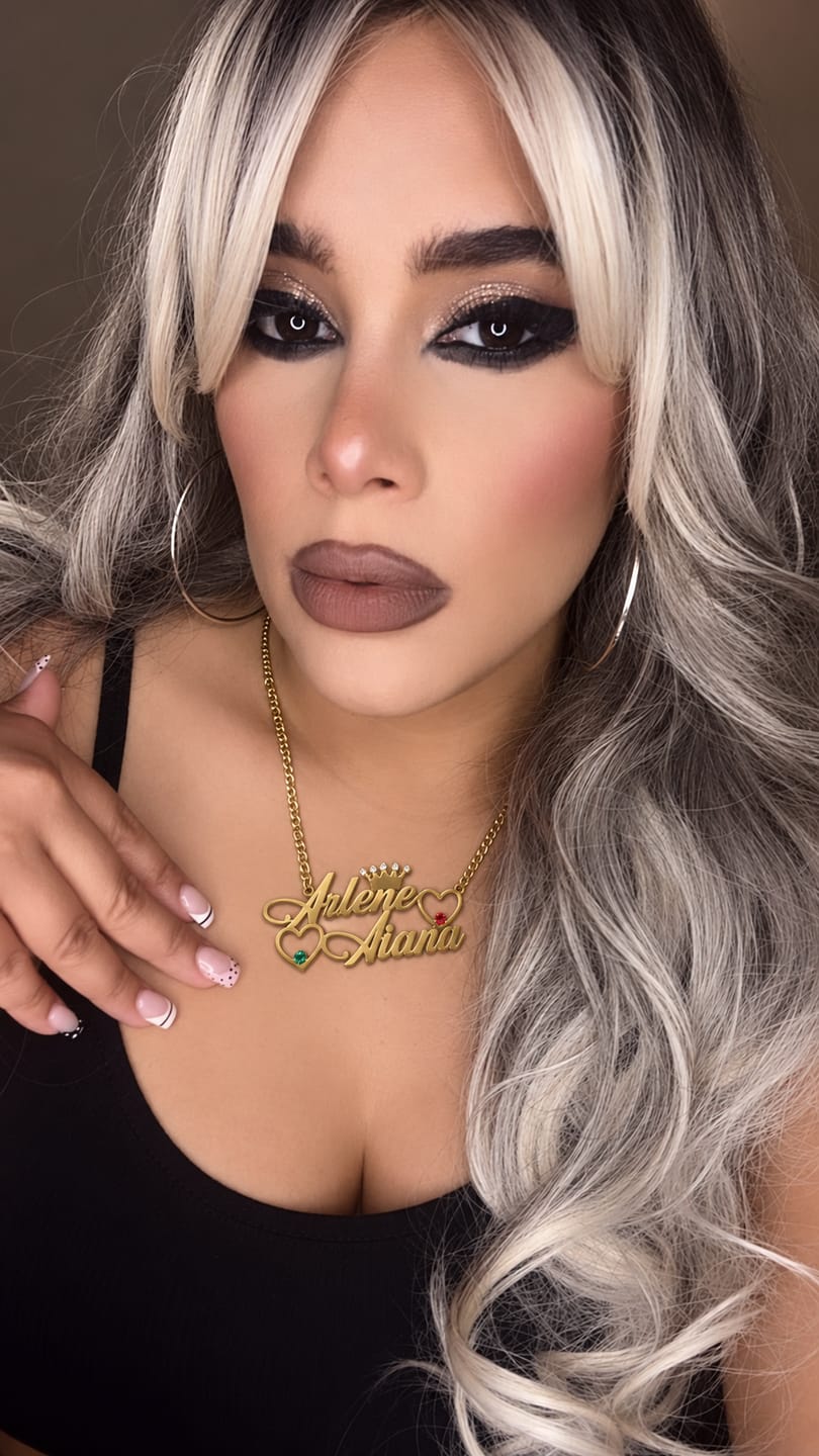 Customer photo review of Double Heart Name Necklace w/ Cuban Chain