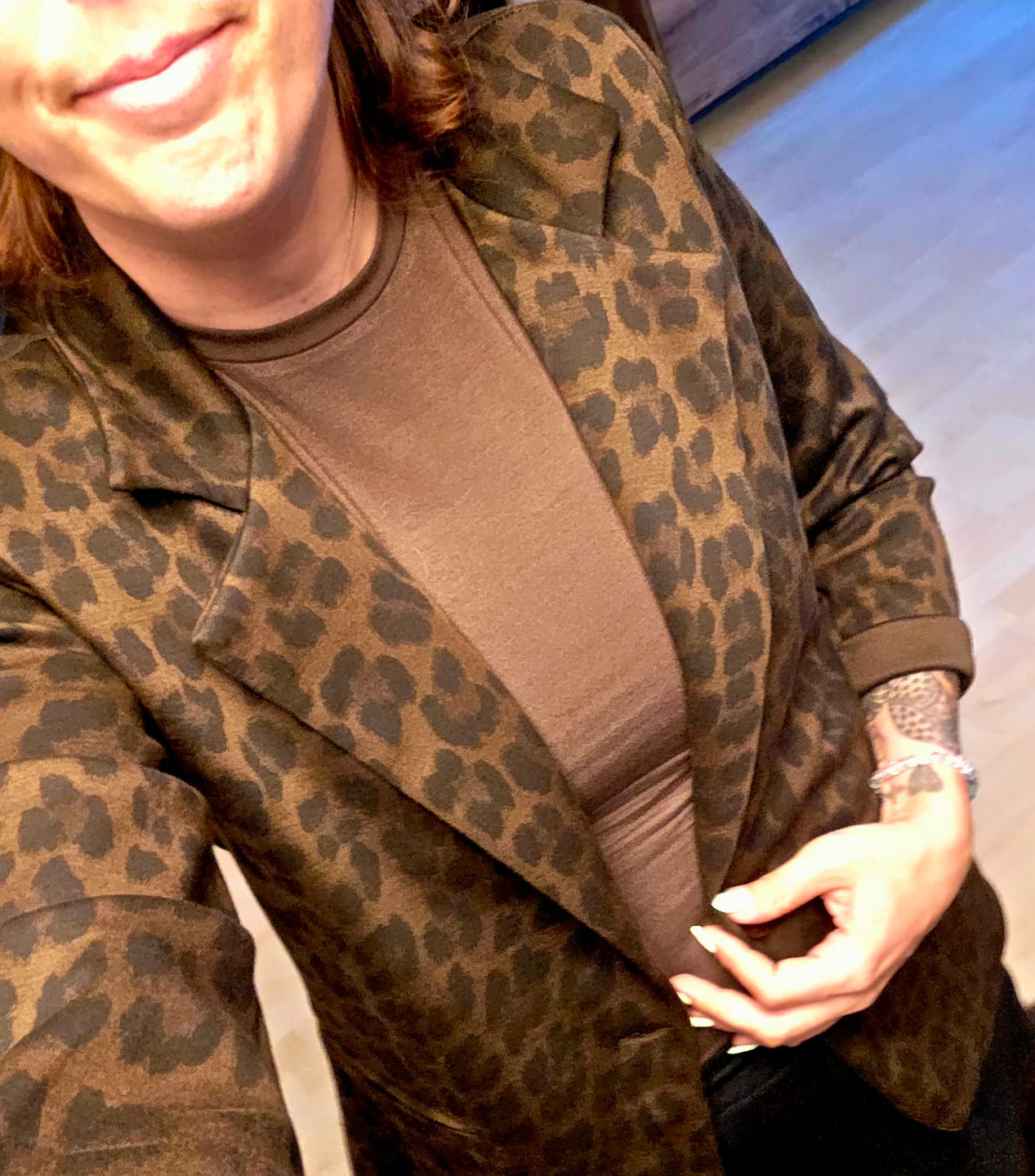 Customer photo review of Stretch Butterstoff Blazer LOOK TO THE SKY LEO dark chocolate/schwarz