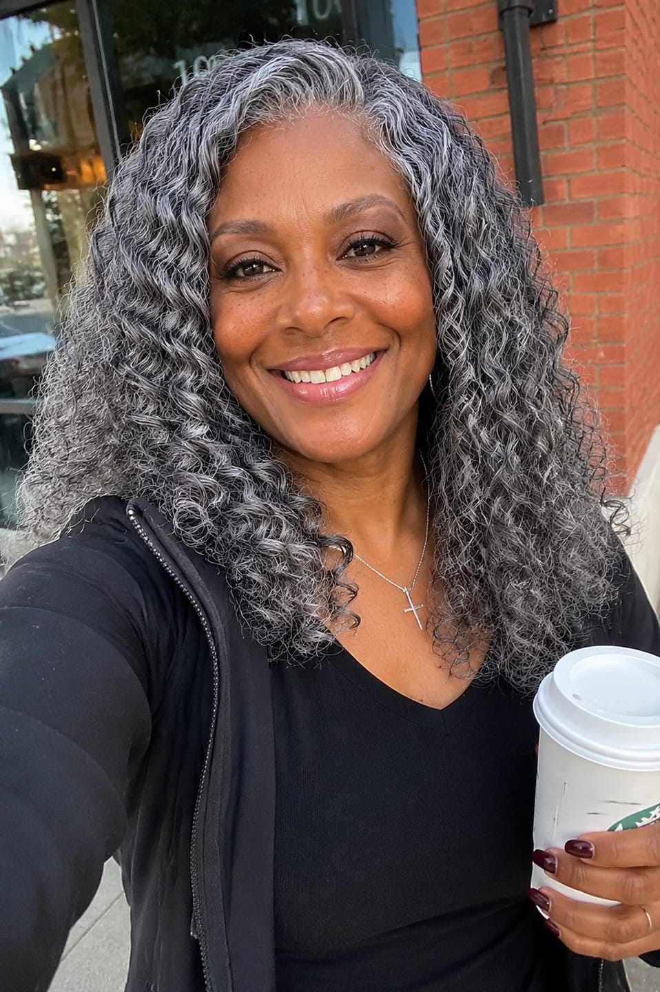 Customer photo review of Luvwin 13x4 Salt And Pepper Wand Curly Glueless Gray Color Pre-Cut Lace Wig