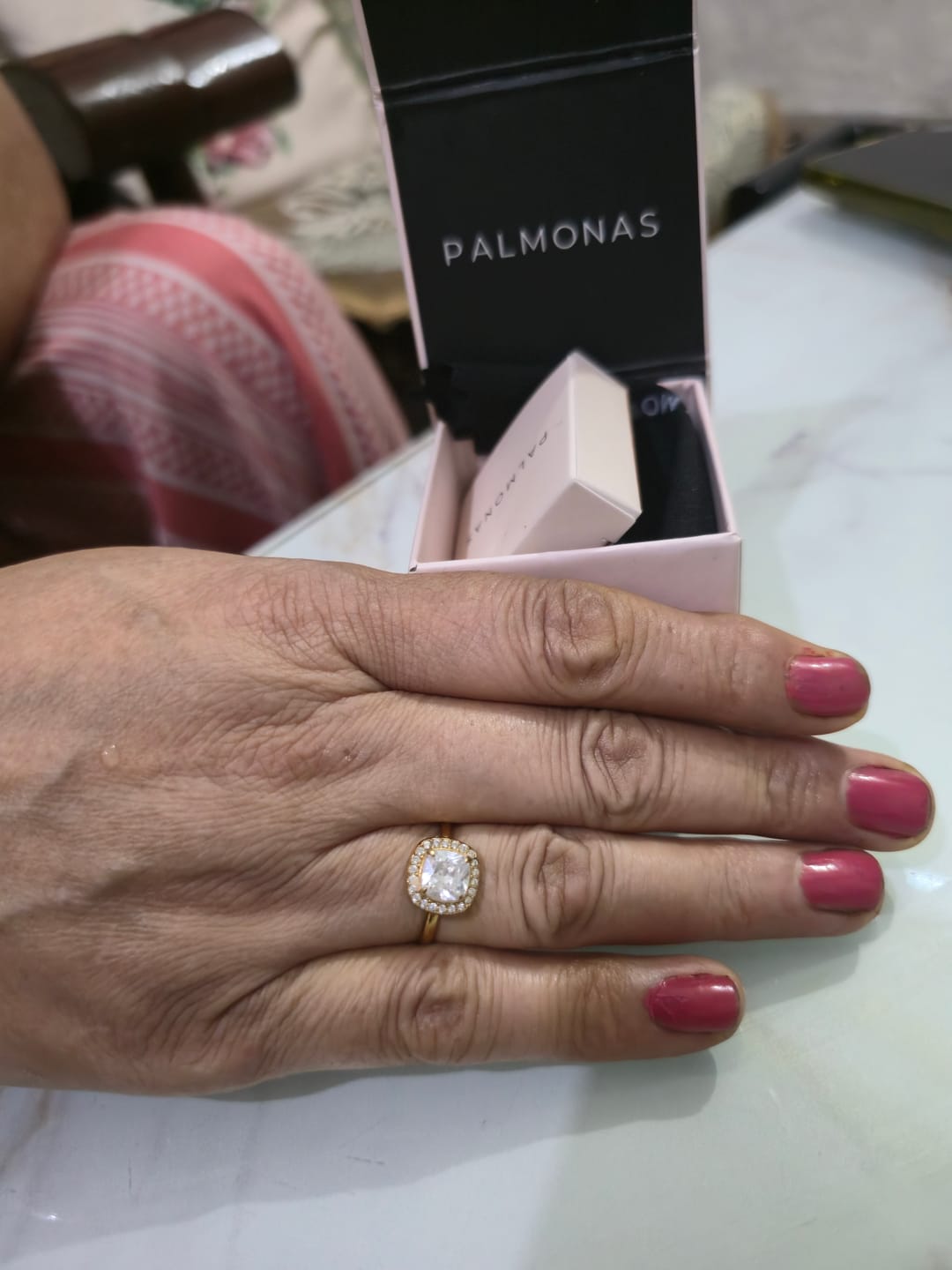 Customer photo review of Radiant Cushion Halo Ring