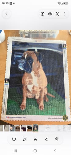 Customer's completed Diamond Painting eigenes Bild featuring a brown and white boxer dog