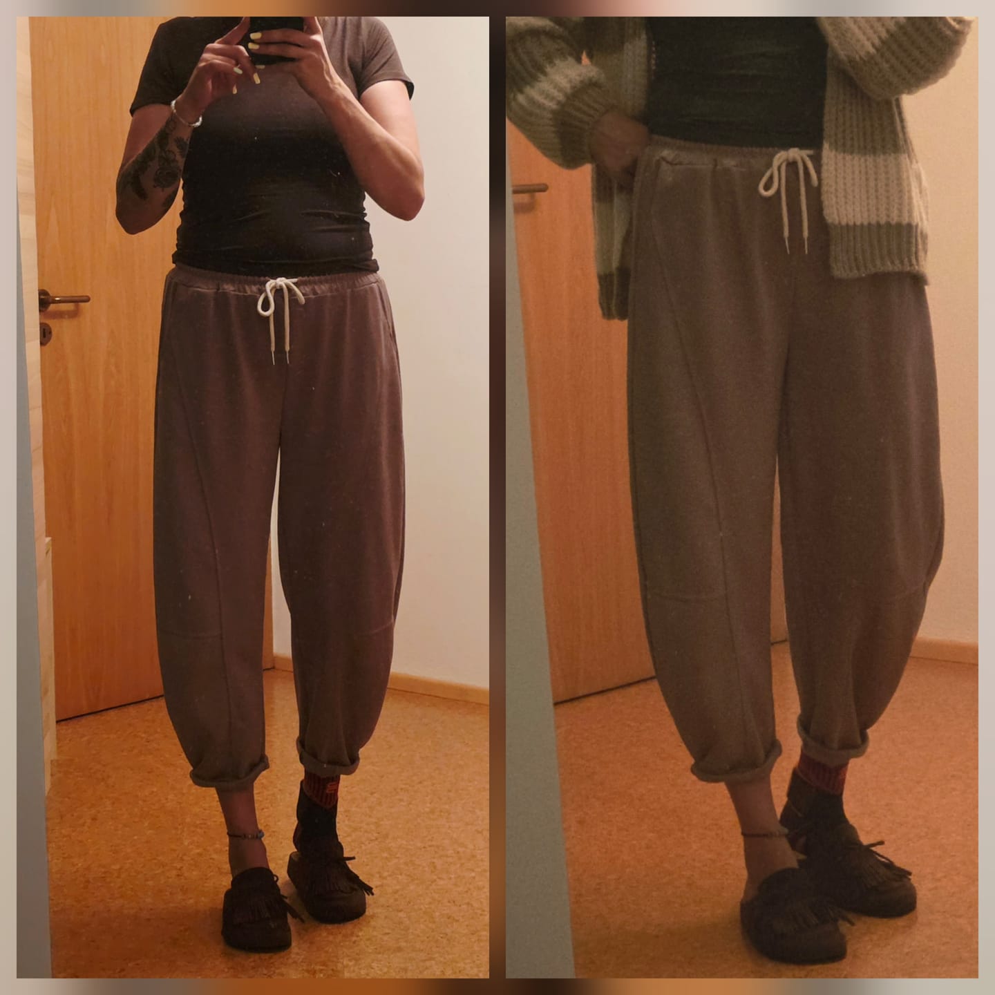 Customer photo review of Stylische Barrel Hose COZY MYSTIQUE taupe mit Tunnelzug