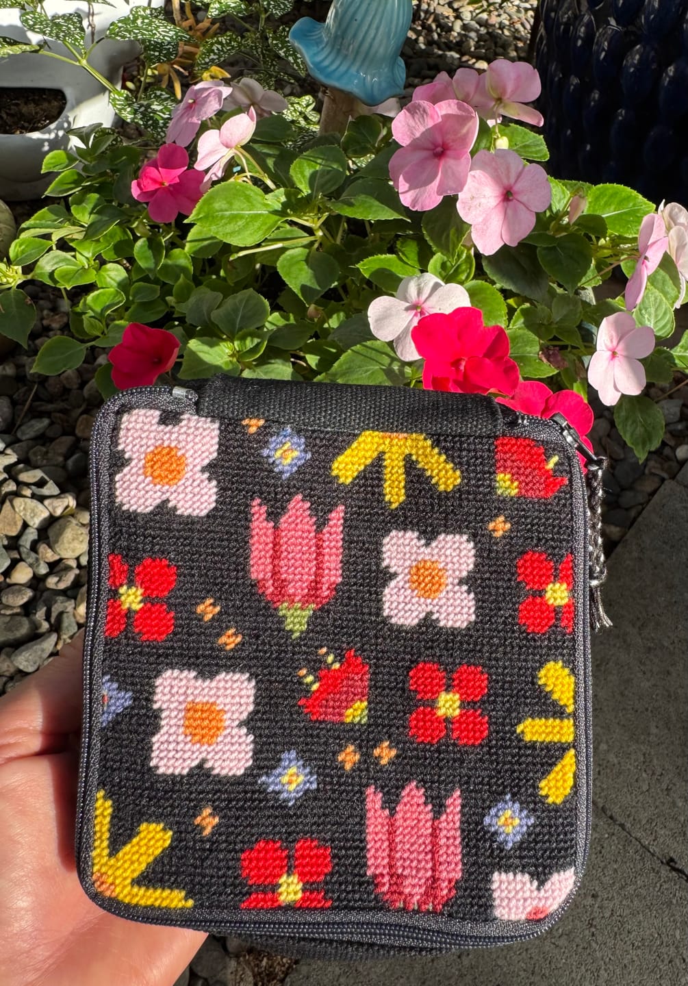 Customer photo review of POP ART PETALS - Needlepoint Pouch Kit