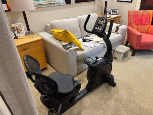 Customer's S19 Pro Recumbent Exercise Bike assembled and sitting on the carpet in a home living room.